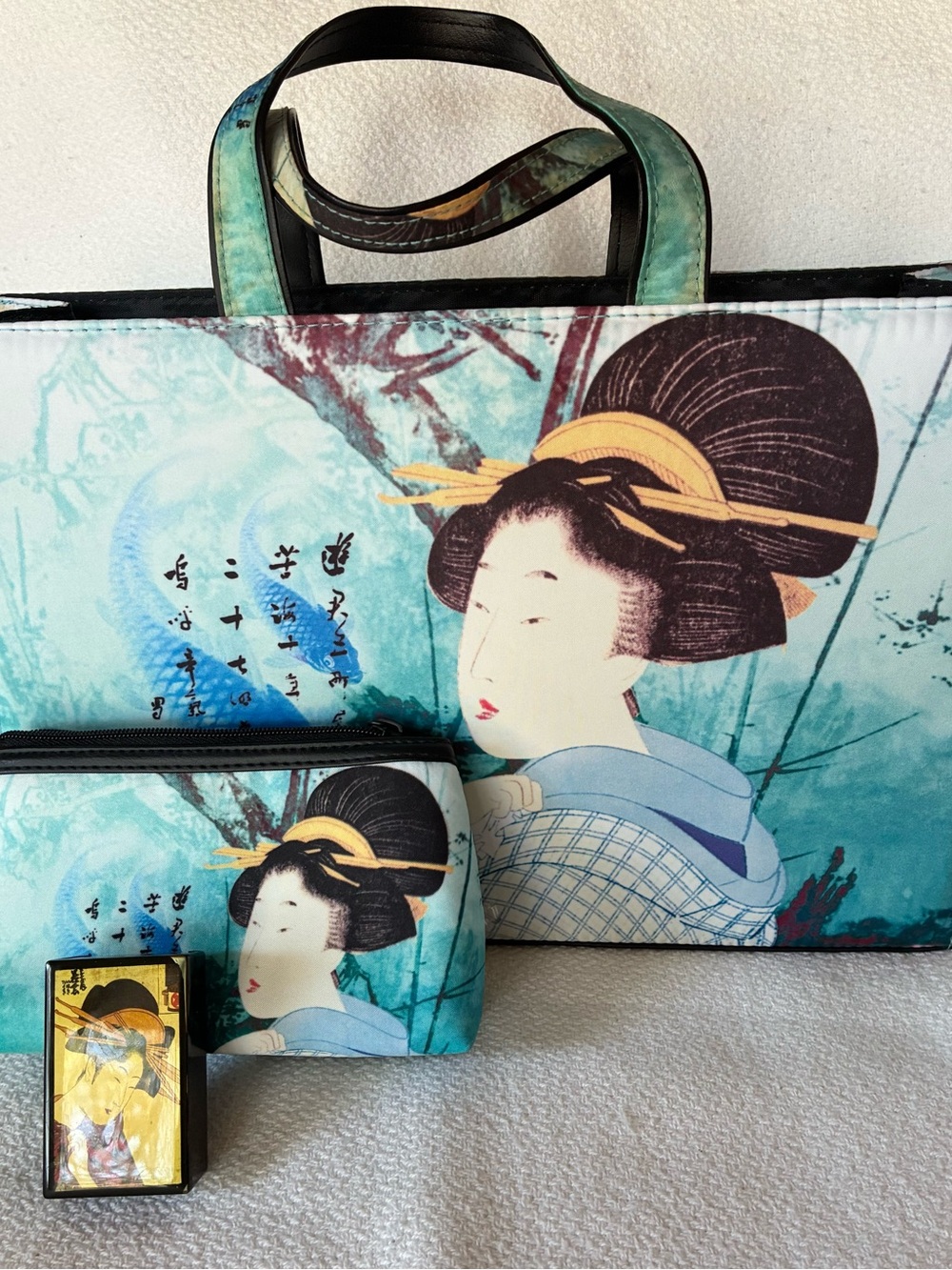Japanese Geisha Art 3 Piece Handbag Cosmetic Bag & Small Box Matching Set